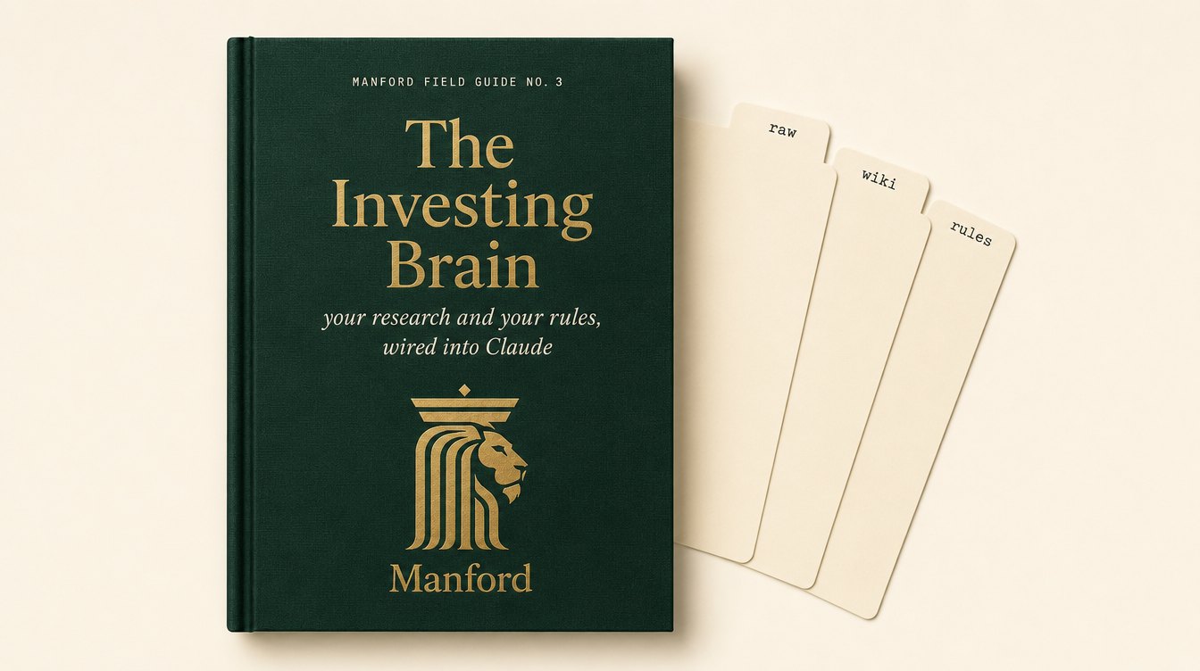 The Investing Brain, Manford Field Guide No. 3, beside three folders labeled raw, wiki, and rules