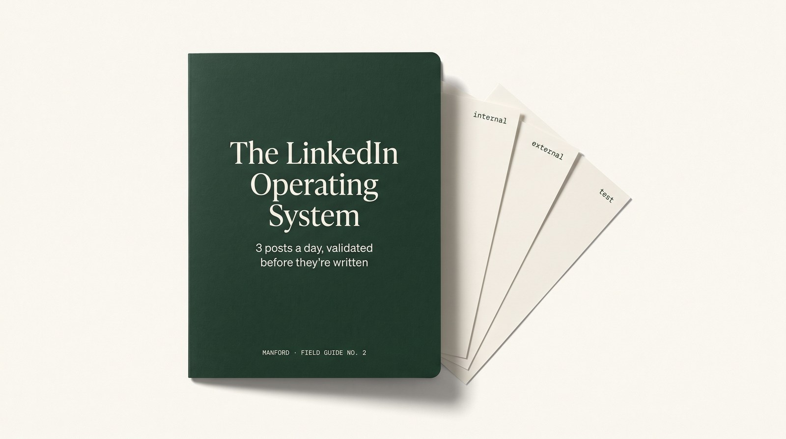 The LinkedIn Operating System cover with three sheets labeled internal, external, test